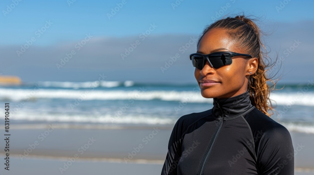 African American athlete woman in wetsuit standing on sandy beach with waves in the background African American athlete woman in wetsuit standing on sandy beach with waves in the background