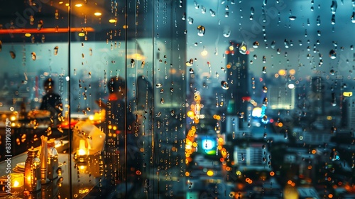 Dramatic Rainy Night at Bangkok Rooftop Bar with Blurred City Lights.