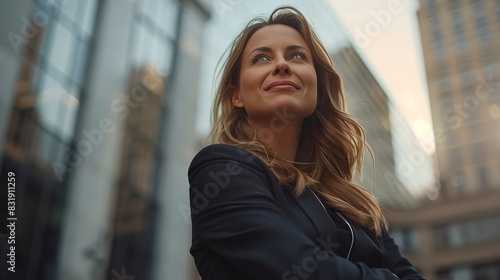Confident Smiling Caucasian Businesswoman, Crossed Arms, Corporate Buildings, Leadership, Empowerment, Low-Angle Shot.