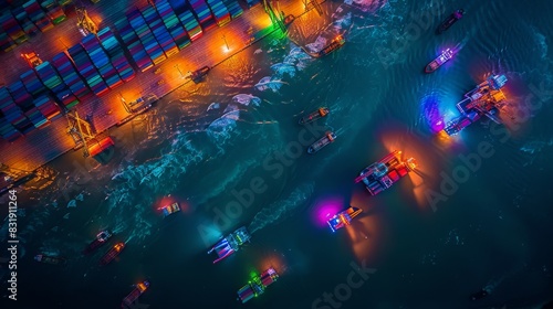 A large number of containers are stacked on top of each other in a port. The containers are of various sizes and colors, and they are all piled up in a row. Concept of busyness and activity photo