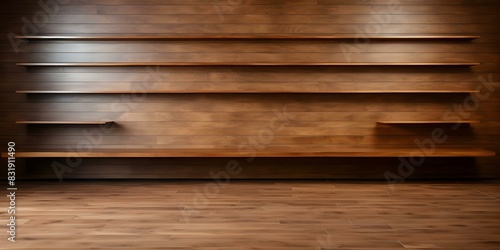 Empty store with wooden shelves. Concept Retail Display, Interior Design, Empty Store, Wooden Shelves photo