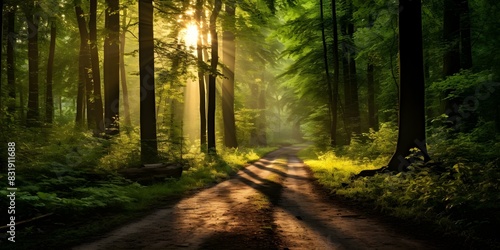 Minimalist forest path at dawn after storm captured in 8k resolution. Concept Nature Photography, Landscape, Dawn, Storm, 8k Resolution