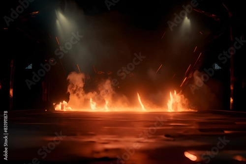 fire ornage white, spotlights shine on stage floor in dark room  photo