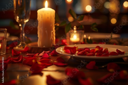 An intimate candlelit dinner setting  with rose petals scattered on the table  showcasing a golden hour glow capturing the warmth and tenderness  in photorealistic detail