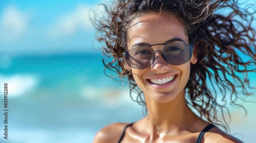 Young woman in bikini and sunglasses happily enjoying the beach on a sunny day