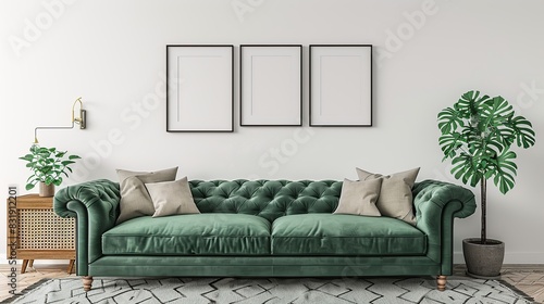 Photography of Boho interior design of modern living room, home. Green sofa and cabinet against wall with frames. Soft tone. copy space for text.