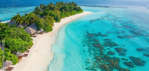 Stunning overwater villas in Maldives, crystal-clear lagoon, and white sandy beaches under a bright sky.