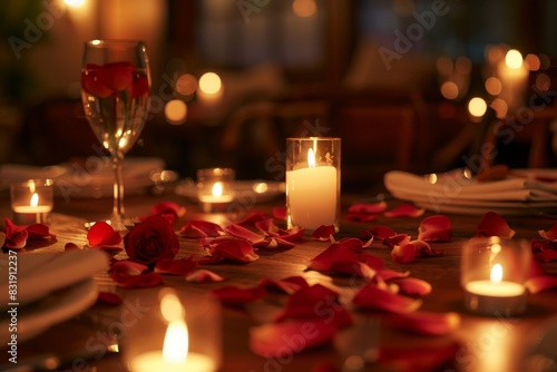 An intimate candlelit dinner setting, with rose petals scattered on the table, showcasing a golden hour glow capturing the warmth and tenderness, in photorealistic detail photo