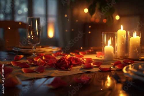 An intimate candlelit dinner setting  with rose petals scattered on the table  showcasing a golden hour glow capturing the warmth and tenderness  in photorealistic detail