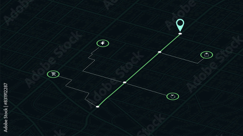 Detailed city street map with various points of interest. GPS tracking system to navigate and find way around the city landmarks, directions to different locations. Vector illustration