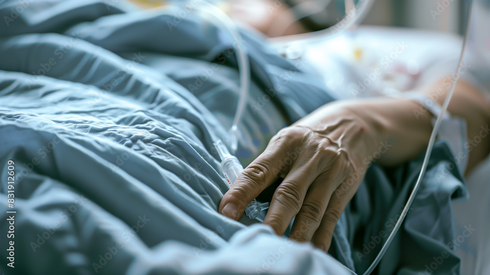 Fototapeta premium 病院のベッドに横たわる患者の手元と点滴