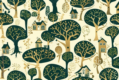 Seamless vinatge pattern with houses and trees photo