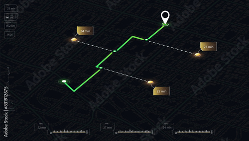 Multiple markers indicating various routes, including the shortest path option. Isometric city map with designated destination. Abstract navigation of city streets and neighborhoods. Vector