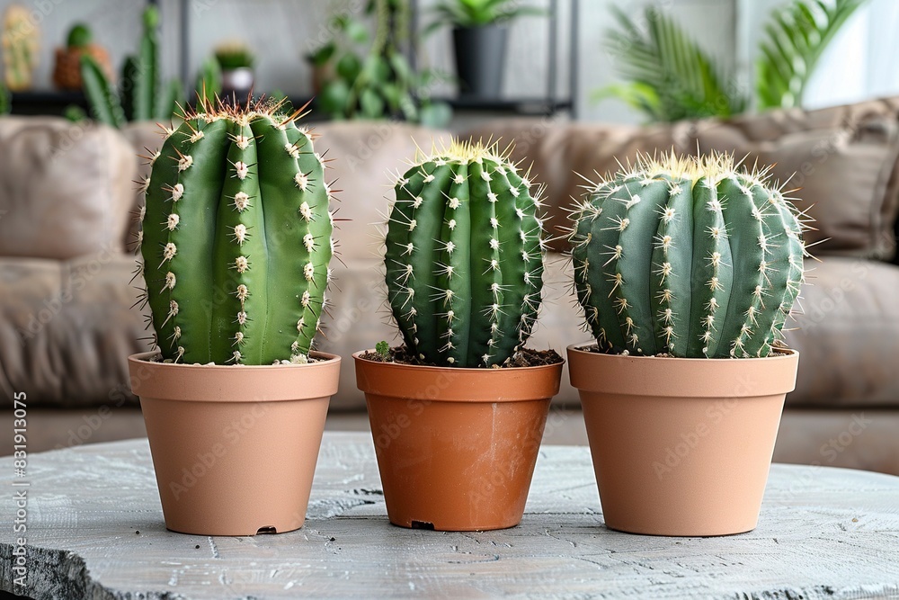 Three potted cacti on a table with a sofa and plants in the background, showcasing indoor greenery and home decor. Three potted cacti on a table with a sofa and plants in the background, showcasing indoor greenery and home decor.