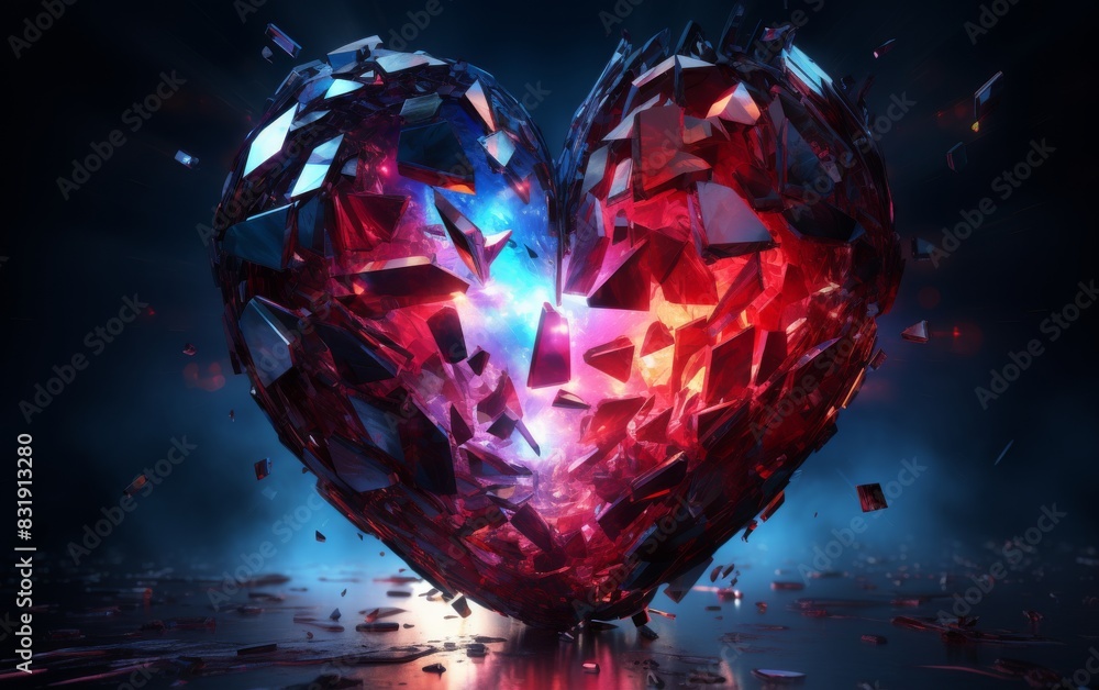 A digital 3D rendering of a heart-shaped glass sculpture shattered into pieces A digital 3D rendering of a heart-shaped glass sculpture shattered into pieces