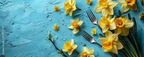 Yellow daffodil flowers and silver forks on a textured blue background  creating a vibrant and cheerful still life composition.