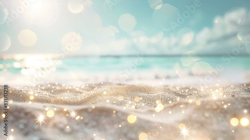 Beach sands under a pastel sky with bokeh lights create a picturesque, serene retreat, photo