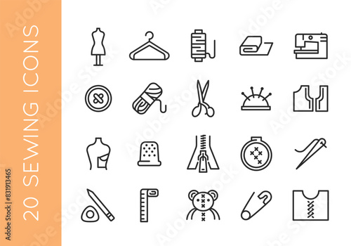 Sewing icons. Set of 20 sewing trendy minimal icons. Example: Dressform, Hanger, Thread, Fabric, Sewing machine icon. Design signs for web page, mobile app, packaging design. Vector illustration.