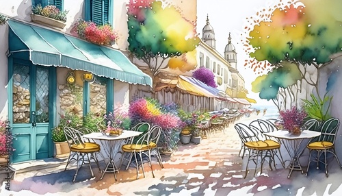 Beautiful Cafe Street Watercolor Background with Plants and Flowers photo