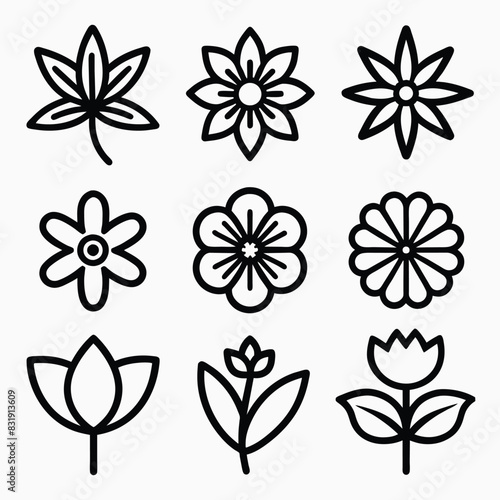 Set of Solid black outline Flower vector line icon design