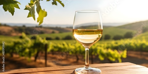 Sunny vineyard landscape with a glass of white wine. Concept Vineyard Scenery  Wine Tasting  Sunny Day  Serene Landscape  White Wine Glass