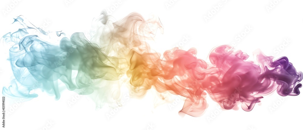 Abstract rainbow-colored smoke on a white background, showcasing vibrant and colorful hues blending seamlessly in a digital art design.