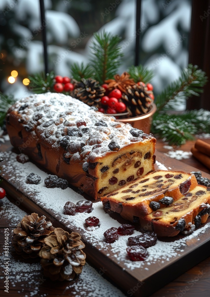 Stollen - Fruit bread with marzipan, powdered sugar, and dried fruits. Stollen - Fruit bread with marzipan, powdered sugar, and dried fruits.