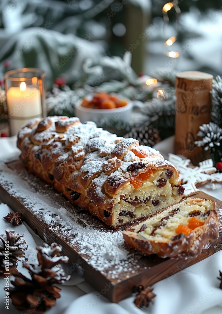 Stollen - Fruit bread with marzipan, powdered sugar, and dried fruits. 