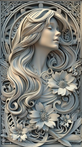 Detailed 3D illustration of Art Nouveau-inspired designs, highlighting the graceful curves, intricate motifs, and decorative elements synonymous with the iconic artistic movement, tailored to fit a photo