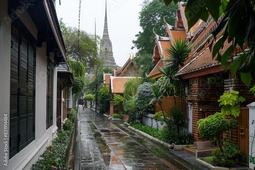 Rainy Day in Bangkok's Old Town: Historic Buildings and Temples Reflecting Resilience.