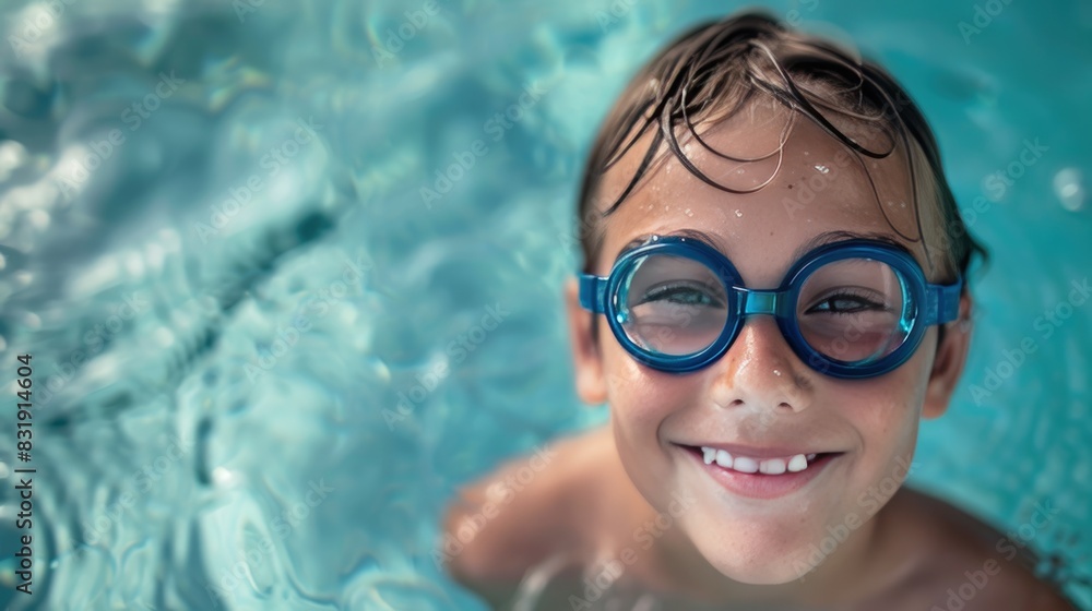 Naklejka premium The child is having fun, swimming, diving in the pool with safety glasses. Entertainment during the summer holidays.