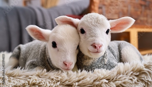 Double the Cuteness: Baby Lambs Embracing on a Fluffy Blanket