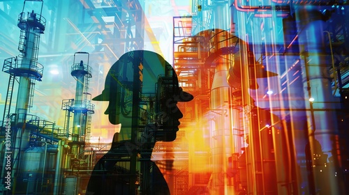 Routine inspections in industrial sites close up  focus on  copy space  vibrant colors  Double exposure silhouette with inspection tools