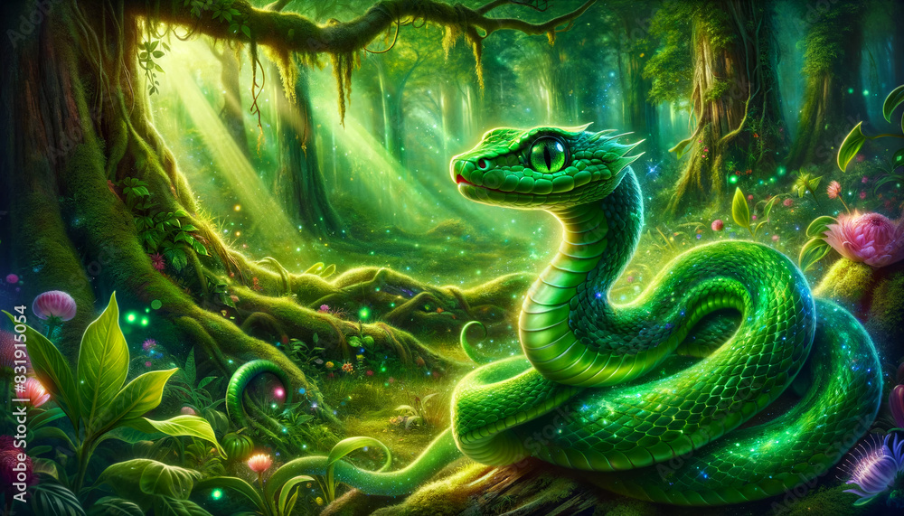 A magical green snake in a mystical forest. Symbol of 2025 year. Wallpaper. Design. Calendar. Cover. A magical green snake in a mystical forest. Symbol of 2025 year. Wallpaper. Design. Calendar. Cover.