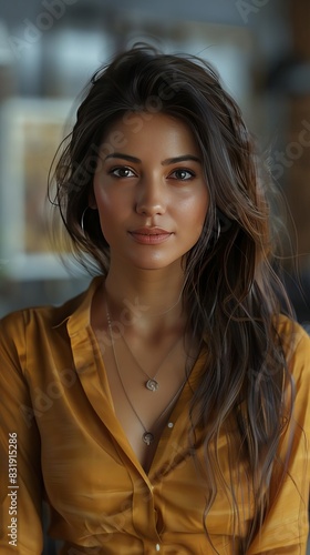 an attractive business indian woman in a business office, in the style of softfocused realism, gold and azure, photo taken with provia, rounded, nul group, composed photo