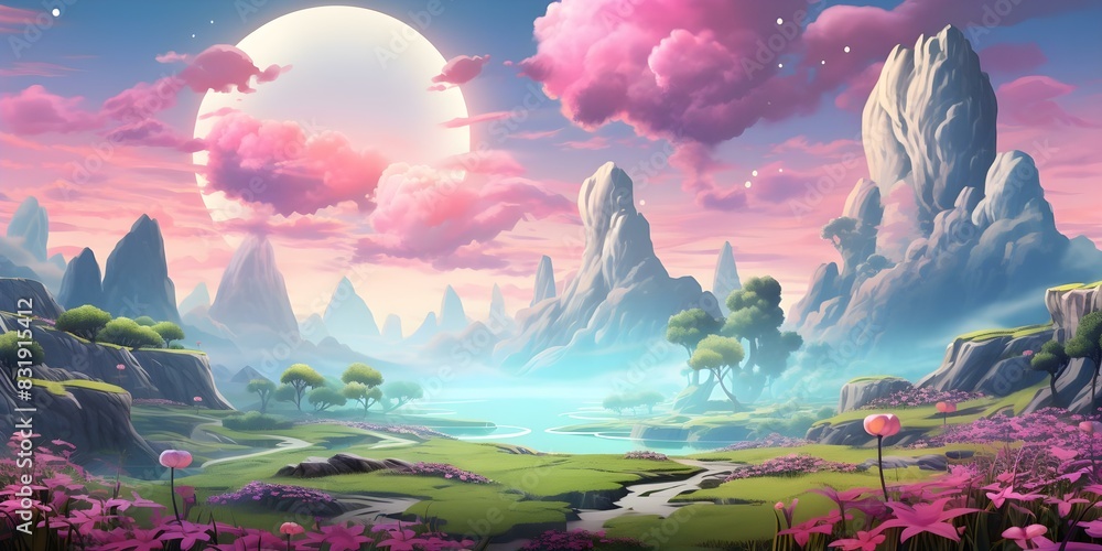 Colorful vaporwave synthwave landscape with neon tones and retro fantasy elements. Concept Retro Fantasy, Neon Tones, Vaporwave, Synthwave, Landscape