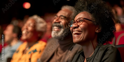 Elderly African American couple joyfully laughing in theater audience. Concept Candid Moments, Elderly Love, Theatrical Laughter, African American Culture, Joyful Connection photo
