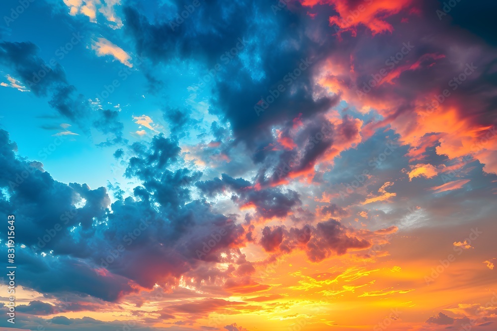 A stunning sunset in the sky, with vibrant colors and dramatic clouds over an island's tropical landscape. The silhouette of palm trees against the backdrop adds to its beauty. A high-resolution A stunning sunset in the sky, with vibrant colors and dramatic clouds over an island's tropical landscape. The silhouette of palm trees against the backdrop adds to its beauty. A high-resolution