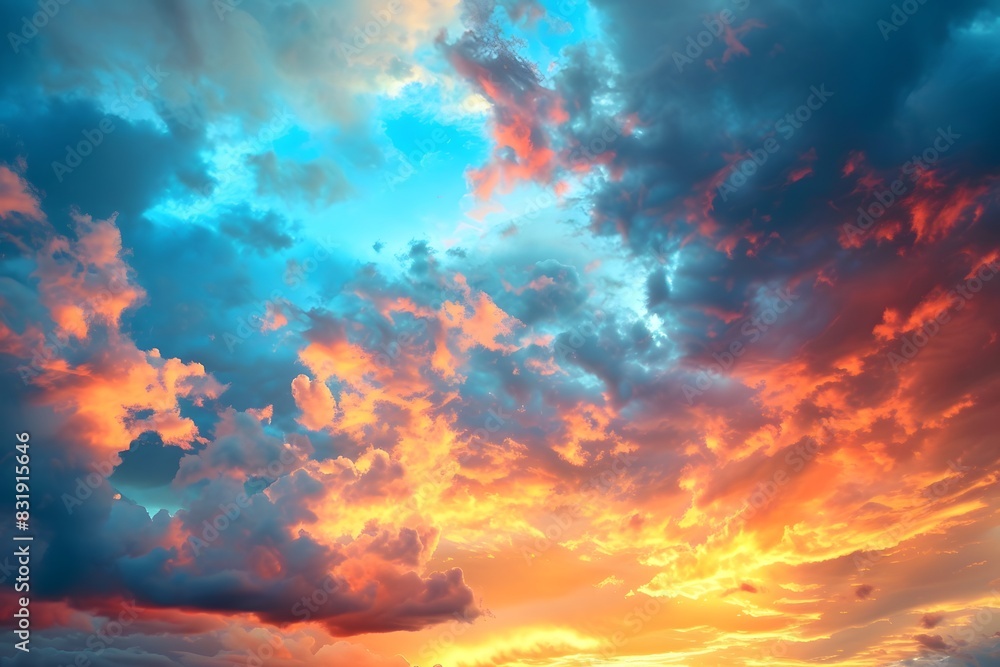 A stunning sunset in the sky, with vibrant colors and dramatic clouds over an island's tropical landscape. The silhouette of palm trees against the backdrop adds to its beauty. A high-resolution A stunning sunset in the sky, with vibrant colors and dramatic clouds over an island's tropical landscape. The silhouette of palm trees against the backdrop adds to its beauty. A high-resolution