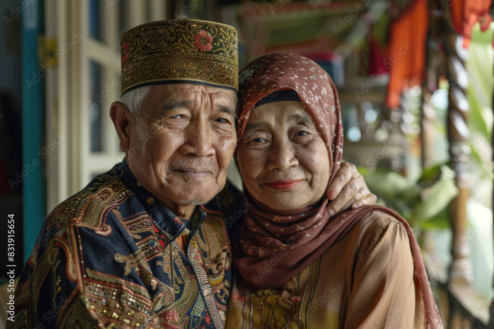 Elderly Couple in Traditional Attire., Eid feast, Islamic celebration, Family feast.