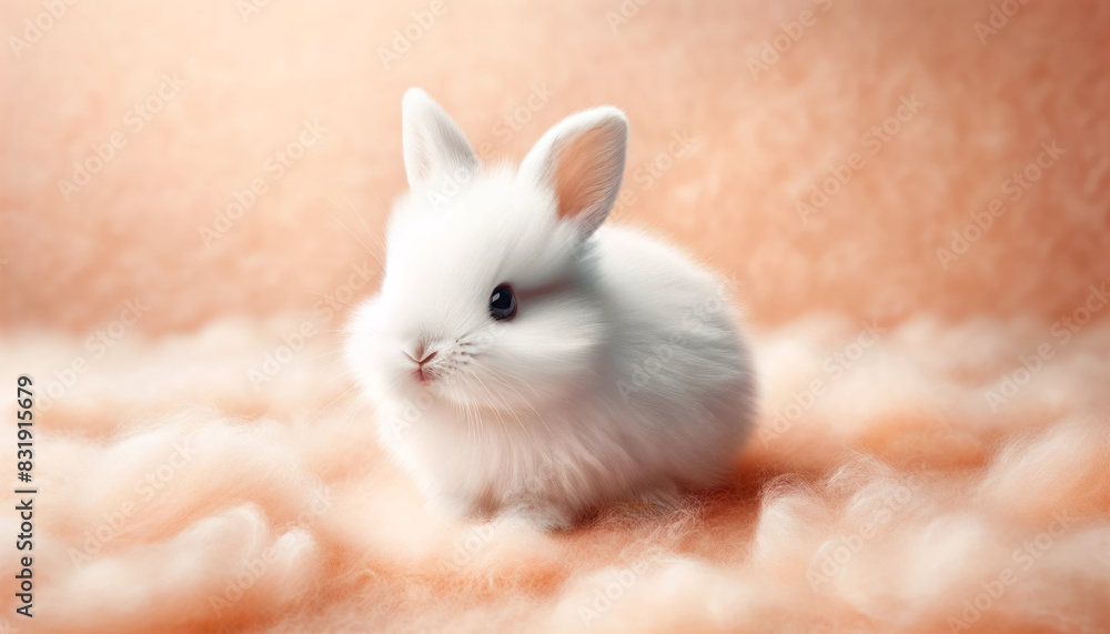 A fluffy white rabbit on peach fuzz background. The rabbit has a thick soft fur coat that looks incredibly attractive. Lovely action of young rabbit. Easter bunny. Cover design. Wallpaper. Copy space. A fluffy white rabbit on peach fuzz background. The rabbit has a thick soft fur coat that looks incredibly attractive. Lovely action of young rabbit. Easter bunny. Cover design. Wallpaper. Copy space.