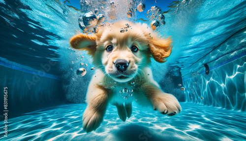 A  small golden retriever puppy in a swimming pool. The underwater funny image. The playful and adorable moment. Summertime. Hello, Summer! Banner. Cover. Design. Copy space.