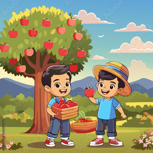 Two little boys collect apples from an apple tree in a basket. Concept of joyful careless childhood outdoors. Illustration vector