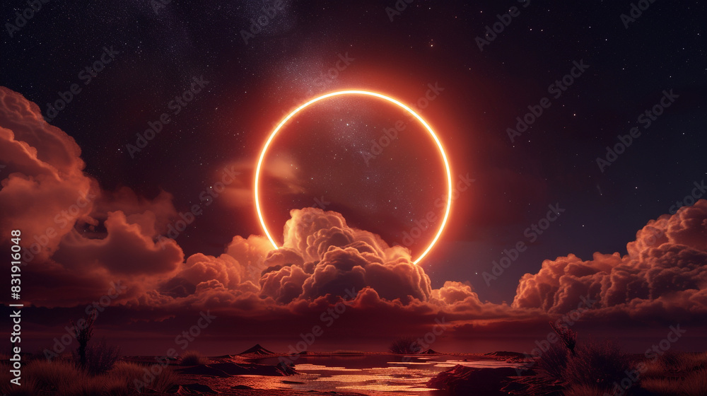 Swirling cloud in a dark night sky framed by an electric chocolate brown neon ring, 3D, Swirling cloud in a dark night sky framed by an electric chocolate brown neon ring, 3D,