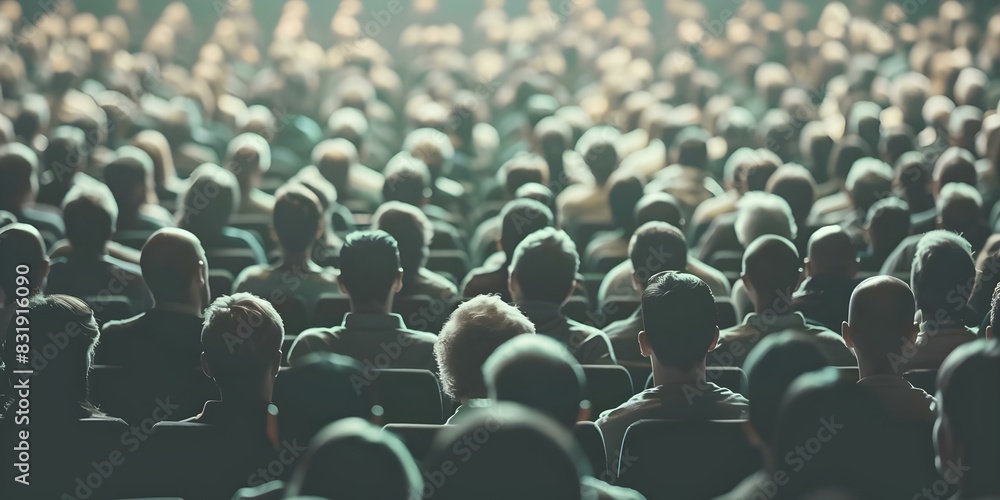 Obraz premium Crowd in theater joyfully watches heartwarming comedy film with laughter and applause. Concept Theater Experience, Comedy Film, Joyful Audience, Laughter, Applause