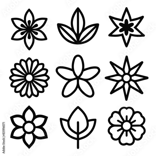 Set of Solid black outline Flower vector line icon design