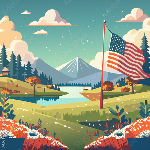 4th of July USA Independence Day. National flag of USA. Summer landcape Vector illustration a