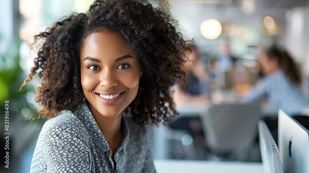 Obraz premium an image of a confident young professional African American woman with curly hair and a warm smile