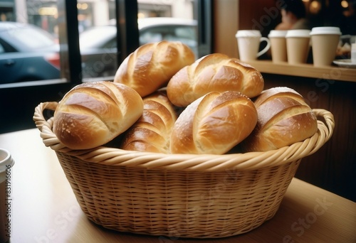 A basket of a fluffy bread near a bustling coffee bar 