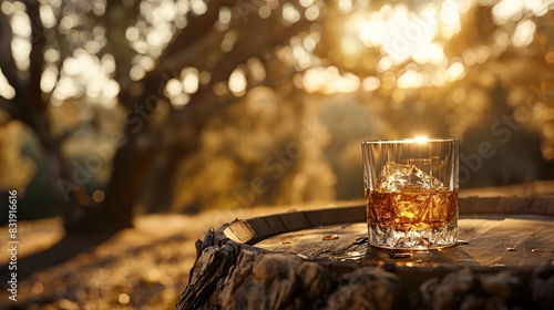 Shot of whiskey on an oak barrel, oak forest in the background, oak bark on the barrel, light brown tone, visual depth to the scene, cinematic light. copy space for text.